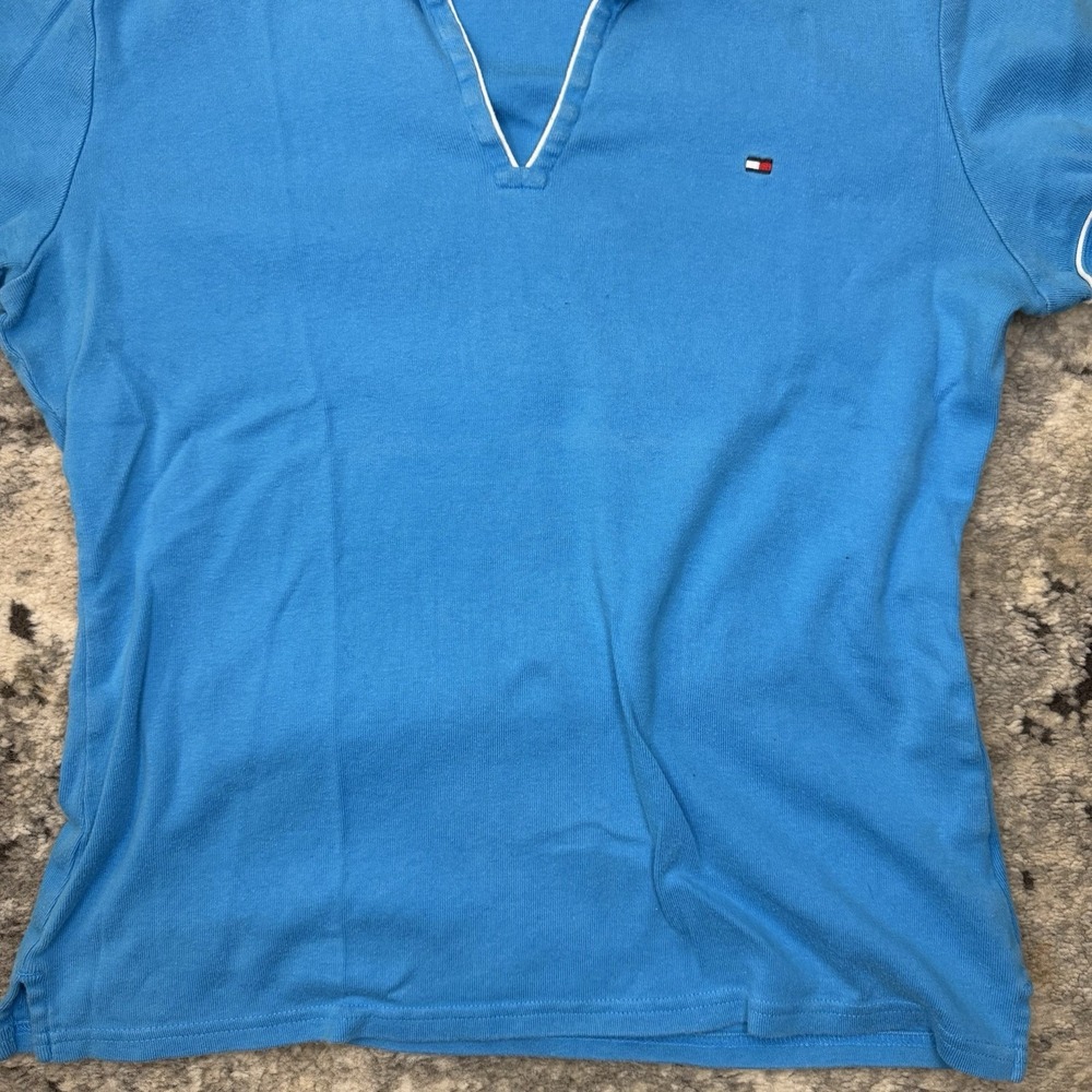 Tommy Hilfiger Womens L Blue Polo Shirt V-Neck Mini Flag Logo Short Sleeve - Picture 3 of 7